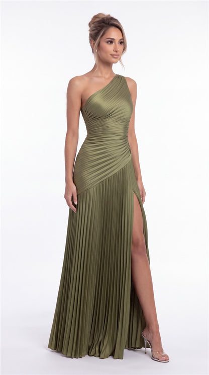 One-Shoulder Pleated Satin Slit Maxi Gown - Detail 4