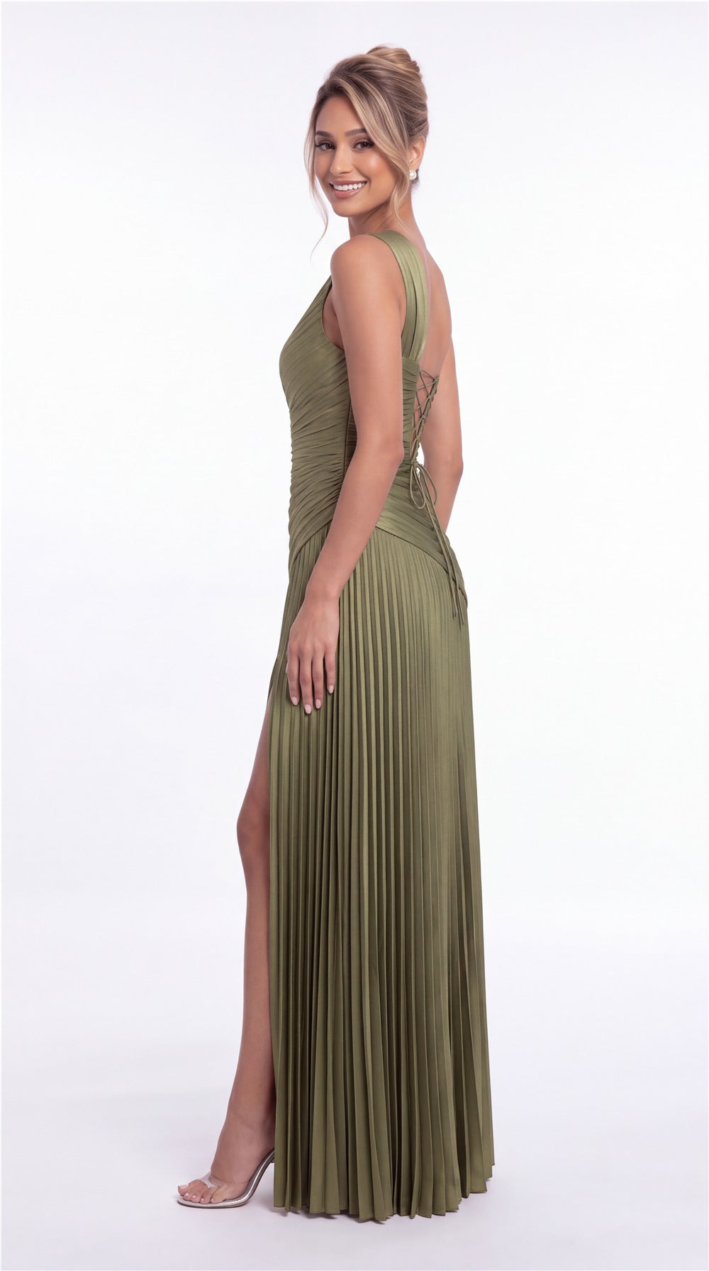 One-Shoulder Pleated Satin Slit Maxi Gown - Detail 5