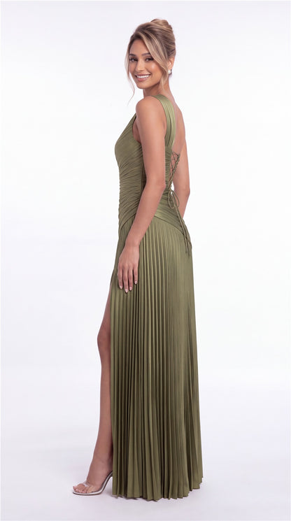 One-Shoulder Pleated Satin Slit Maxi Gown - Detail 5