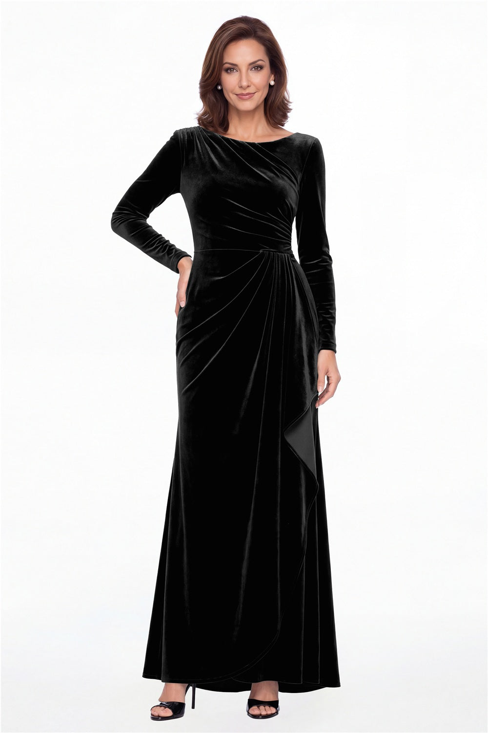 Black Bateau Neck Long Sleeve Ruched Velvet A-Line Maxi Gown - Front View