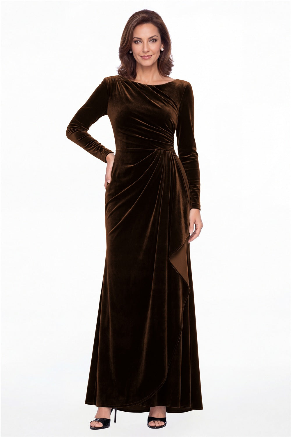 Brown Bateau Neck Long Sleeve Ruched Velvet A-Line Maxi Gown - Front View