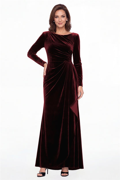 Burgundy Bateau Neck Long Sleeve Ruched Velvet A-Line Maxi Gown - Front View