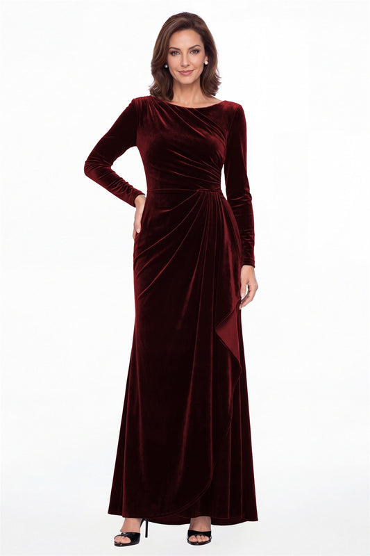 Burgundy Bateau Neck Long Sleeve Ruched Velvet Maxi Gown - Front View
