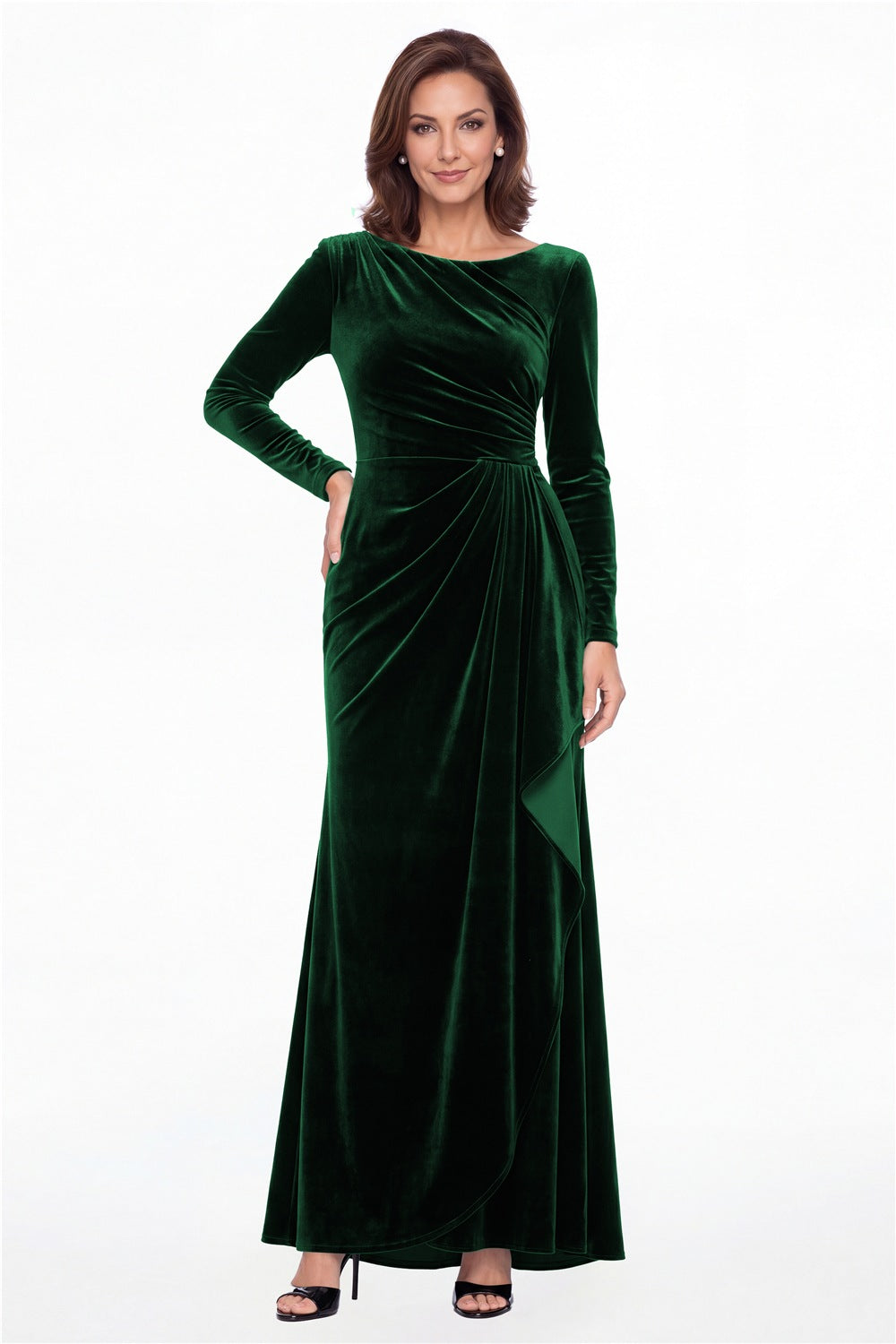 Emerald Green Bateau Neck Long Sleeve Ruched Velvet A-Line Maxi Gown - Front View