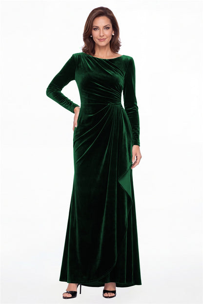 Emerald Green Bateau Neck Long Sleeve Ruched Velvet A-Line Maxi Gown - Front View
