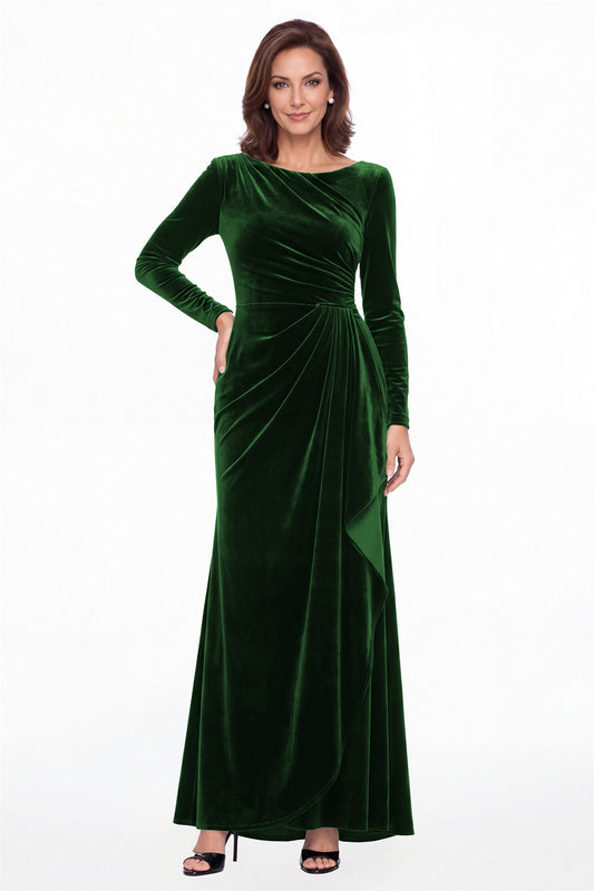 Emerald Green Bateau Neck Long Sleeve Ruched Velvet Maxi Gown - Front View