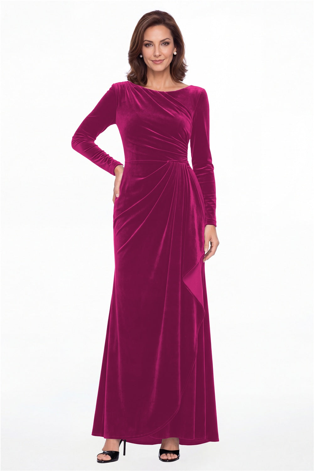 Fuchsia Bateau Neck Long Sleeve Ruched Velvet A-Line Maxi Gown - Front View