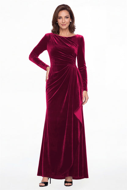 Fuchsia Bateau Neck Long Sleeve Ruched Velvet Maxi Gown - Front View