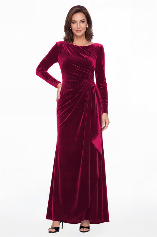 Fuchsia Bateau Neck Long Sleeve Ruched Velvet Maxi Gown - Front View