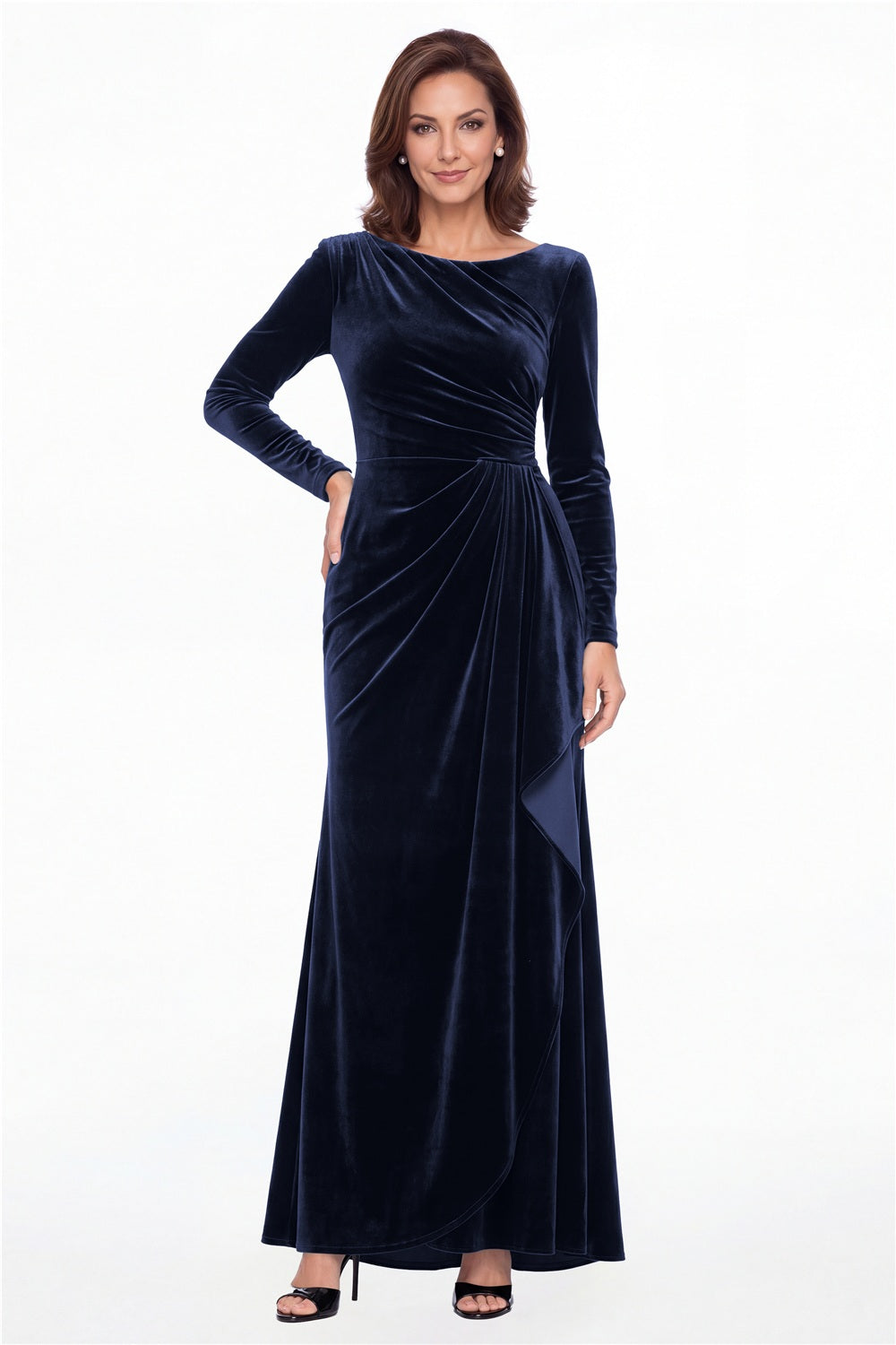 Navy Blue Bateau Neck Long Sleeve Ruched Velvet A-Line Maxi Gown - Front View