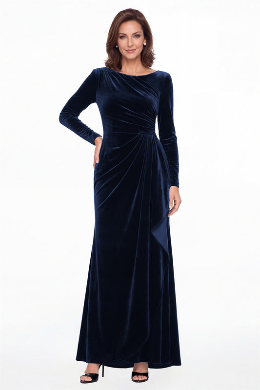 Navy Blue Bateau Neck Long Sleeve Ruched Velvet Maxi Gown - Front View