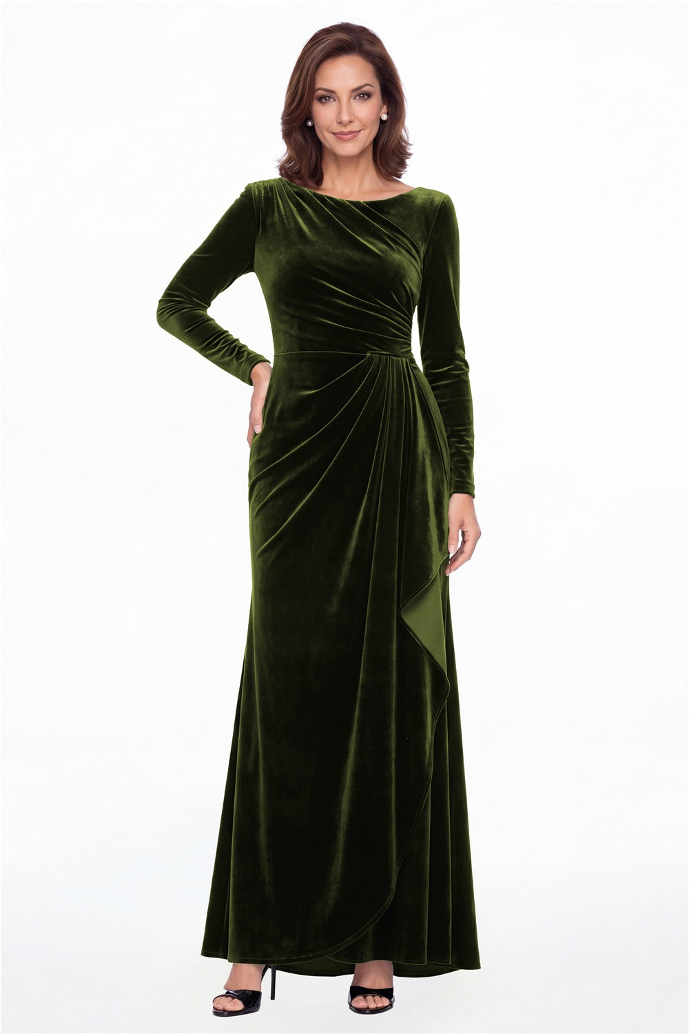 Olive Green Bateau Neck Long Sleeve Ruched Velvet A-Line Maxi Gown - Front View