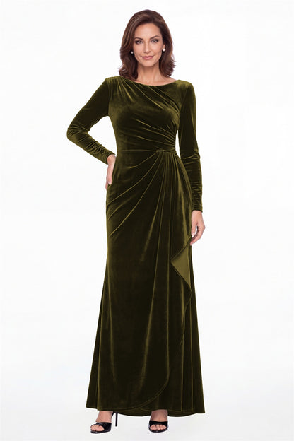 Olive Green Bateau Neck Long Sleeve Ruched Velvet Maxi Gown - Front View