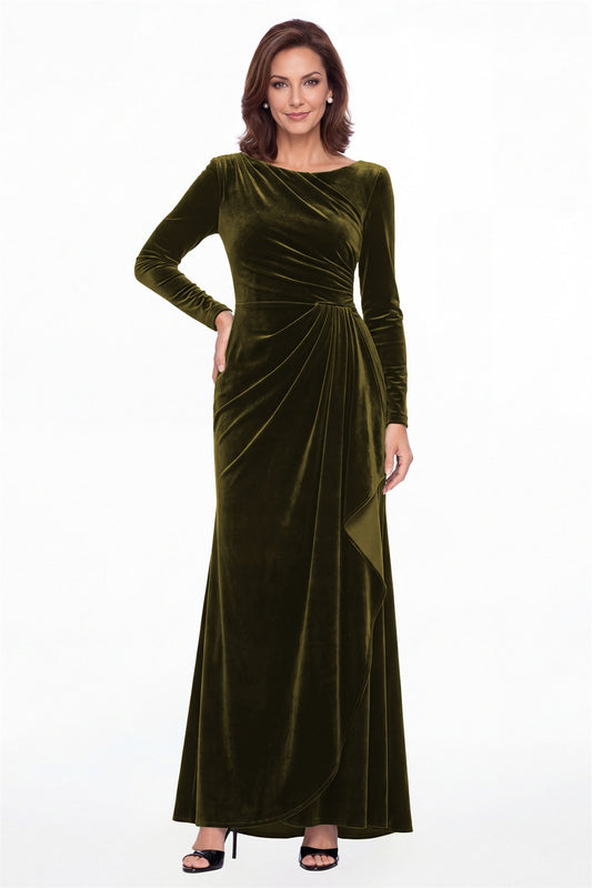 Olive Green Bateau Neck Long Sleeve Ruched Velvet Maxi Gown - Front View