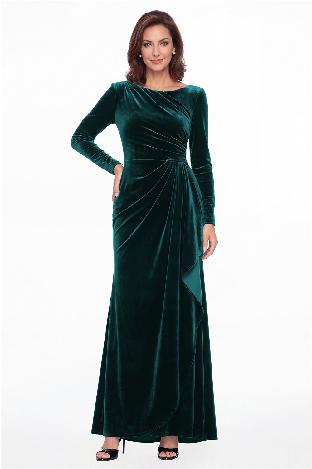 Peacock Bateau Neck Long Sleeve Ruched Velvet A-Line Maxi Gown - Front View