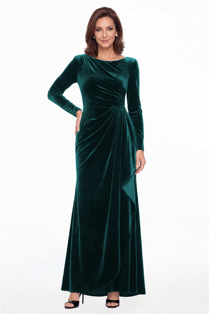 Peacock Bateau Neck Long Sleeve Ruched Velvet A-Line Maxi Gown - Front View