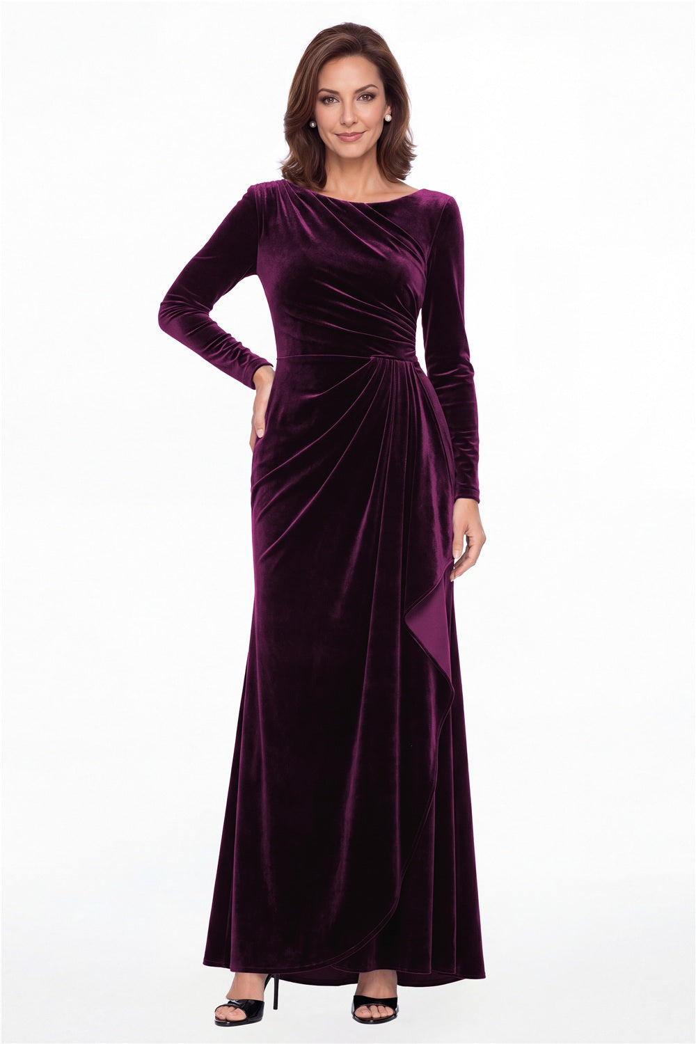 Plum Bateau Neck Long Sleeve Ruched Velvet A-Line Maxi Gown - Front View