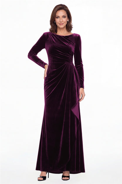 Plum Bateau Neck Long Sleeve Ruched Velvet A-Line Maxi Gown - Front View