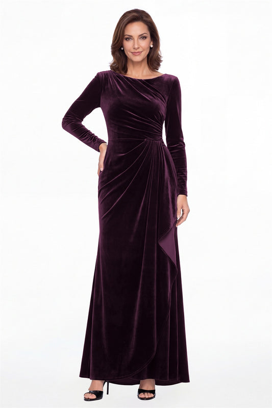 Plum Bateau Neck Long Sleeve Ruched Velvet Maxi Gown - Front View
