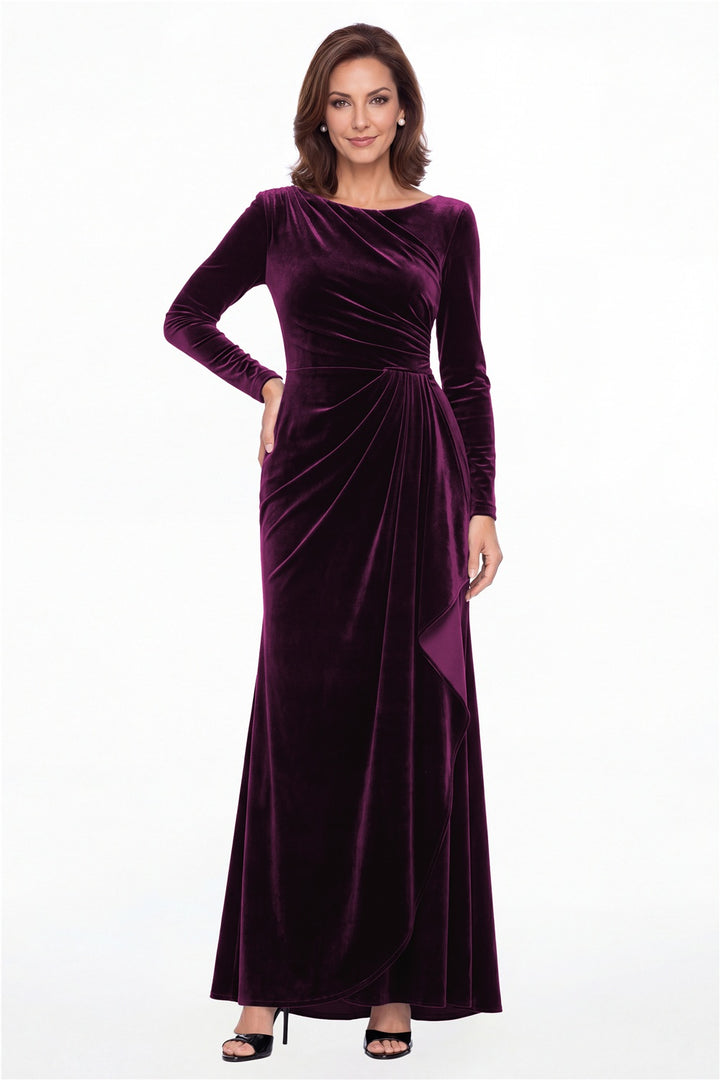 Plum Bateau Neck Long Sleeve Ruched Velvet A-Line Maxi Gown - Front View