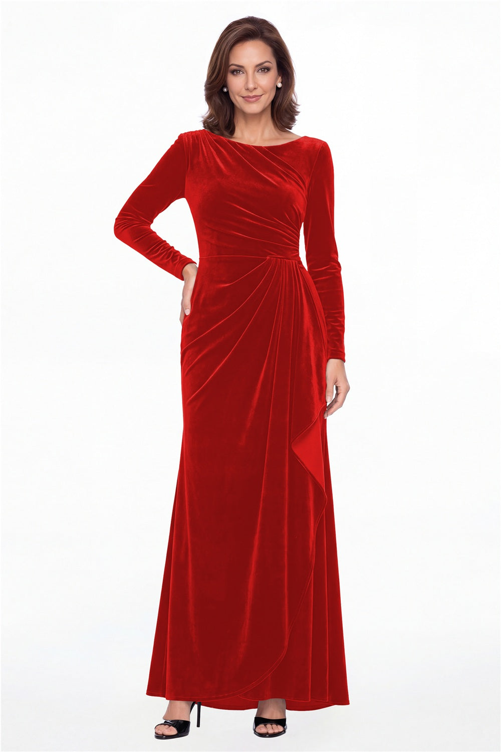 Red Bateau Neck Long Sleeve Ruched Velvet A-Line Maxi Gown - Front View