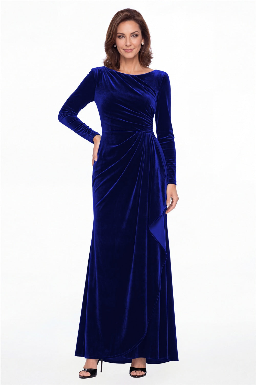 Royal Blue Bateau Neck Long Sleeve Ruched Velvet A-Line Maxi Gown - Front View