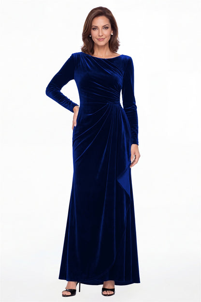 Royal Blue Bateau Neck Long Sleeve Ruched Velvet Maxi Gown - Front View