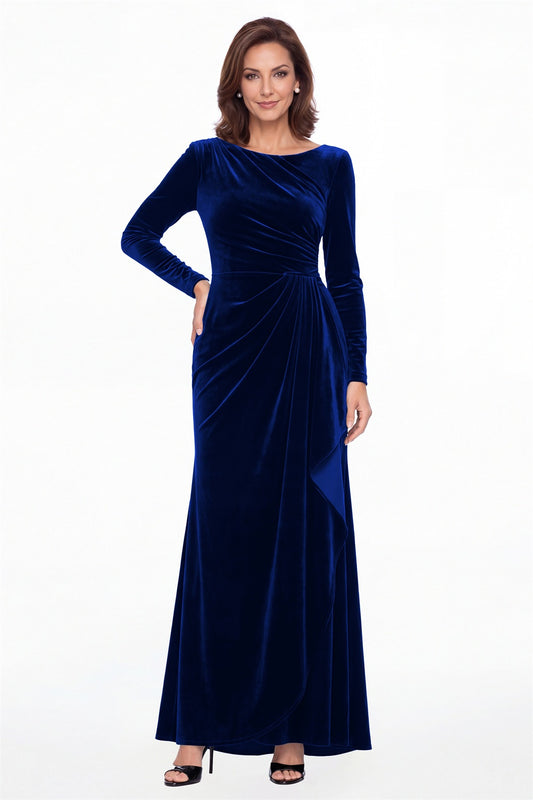 Royal Blue Bateau Neck Long Sleeve Ruched Velvet Maxi Gown - Front View