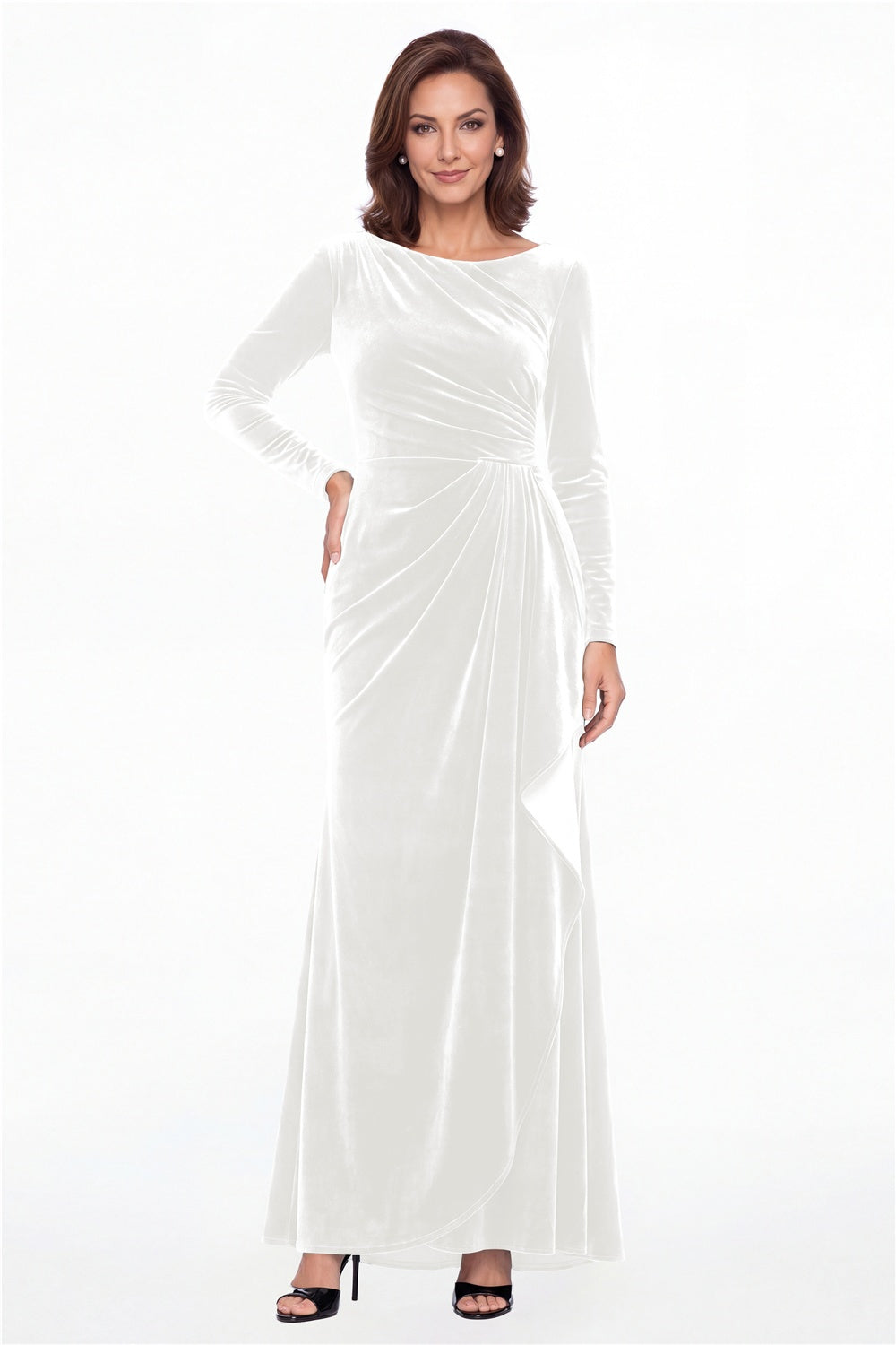White Bateau Neck Long Sleeve Ruched Velvet A-Line Maxi Gown - Front View