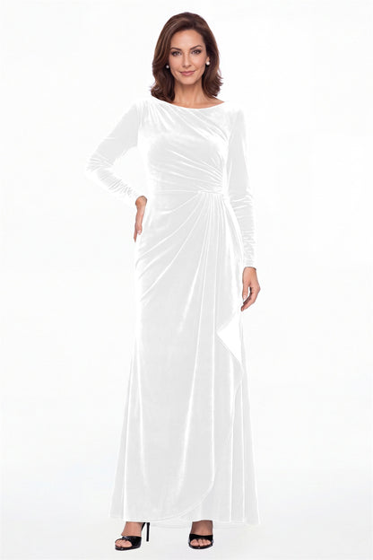 White Bateau Neck Long Sleeve Ruched Velvet Maxi Gown - Front View