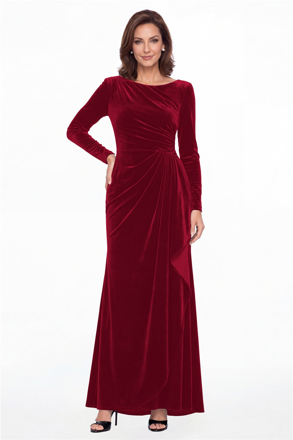 Wine Red Bateau Neck Long Sleeve Ruched Velvet A-Line Maxi Gown - Front View