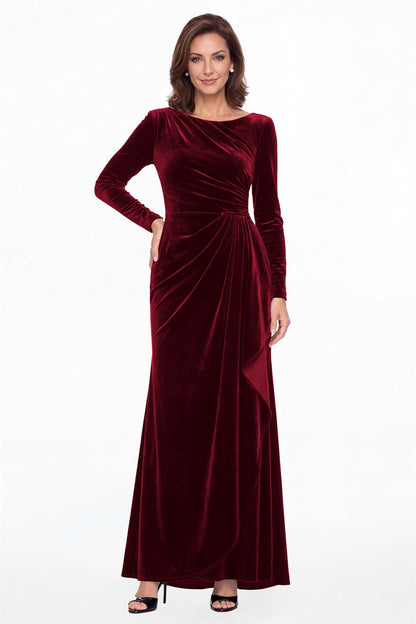 Wine Red Bateau Neck Long Sleeve Ruched Velvet Maxi Gown - Front View