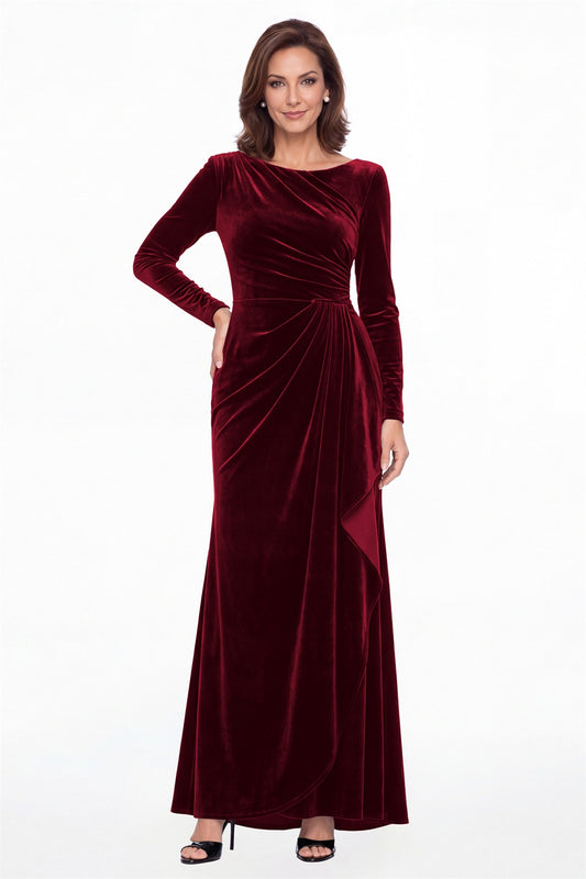 Wine Red Bateau Neck Long Sleeve Ruched Velvet Maxi Gown - Front View