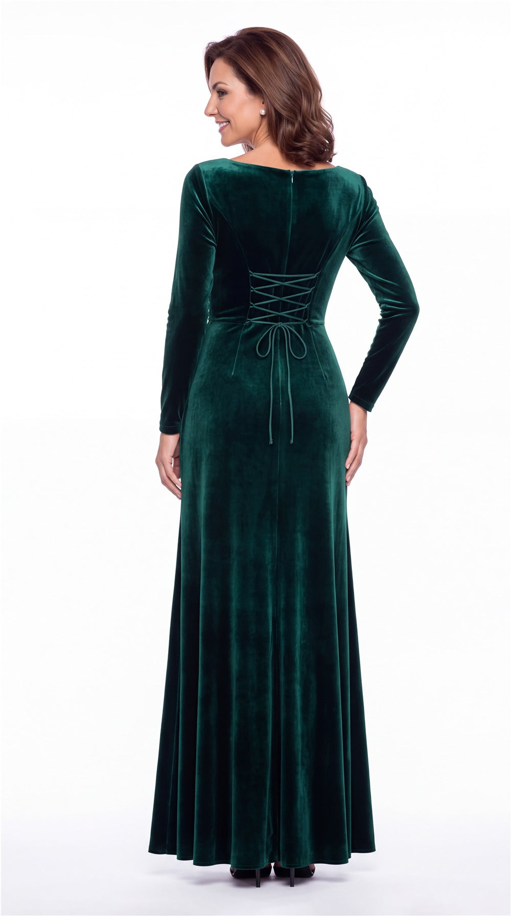 Bateau Neck Long Sleeve Ruched Velvet A-Line Maxi Gown - Back View