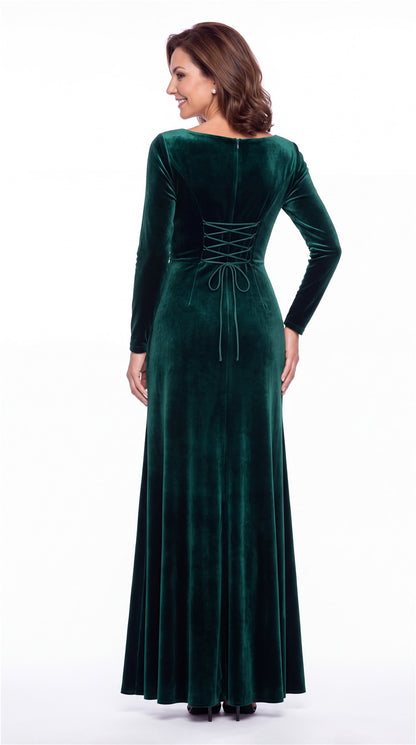 Bateau Neck Long Sleeve Ruched Velvet A-Line Maxi Gown - Back View