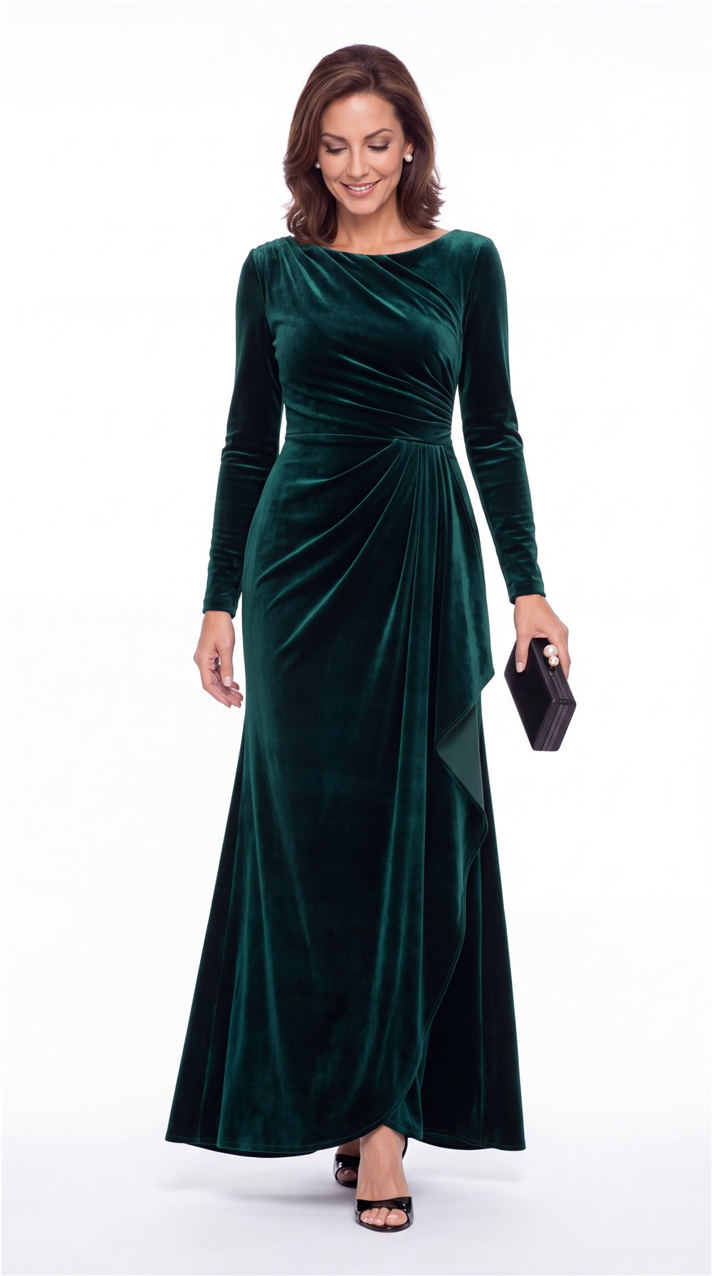 Bateau Neck Long Sleeve Ruched Velvet A-Line Maxi Gown - Detail 4