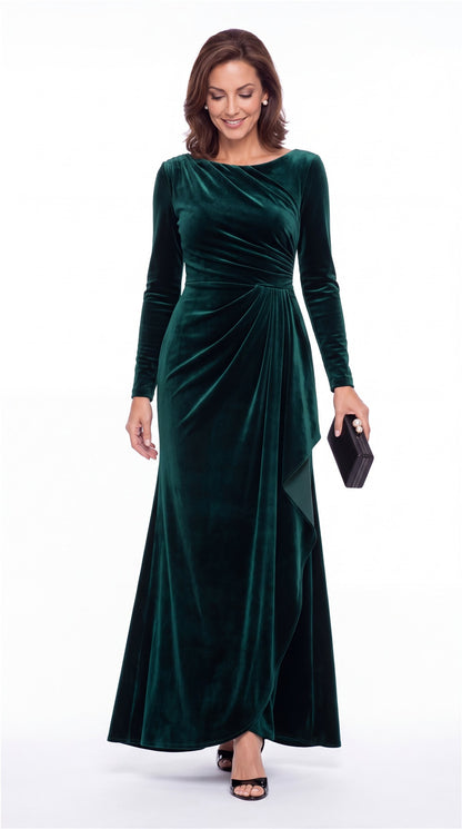 Bateau Neck Long Sleeve Ruched Velvet A-Line Maxi Gown - Detail 4