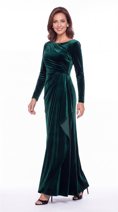 Bateau Neck Long Sleeve Ruched Velvet A-Line Maxi Gown - Detail 5