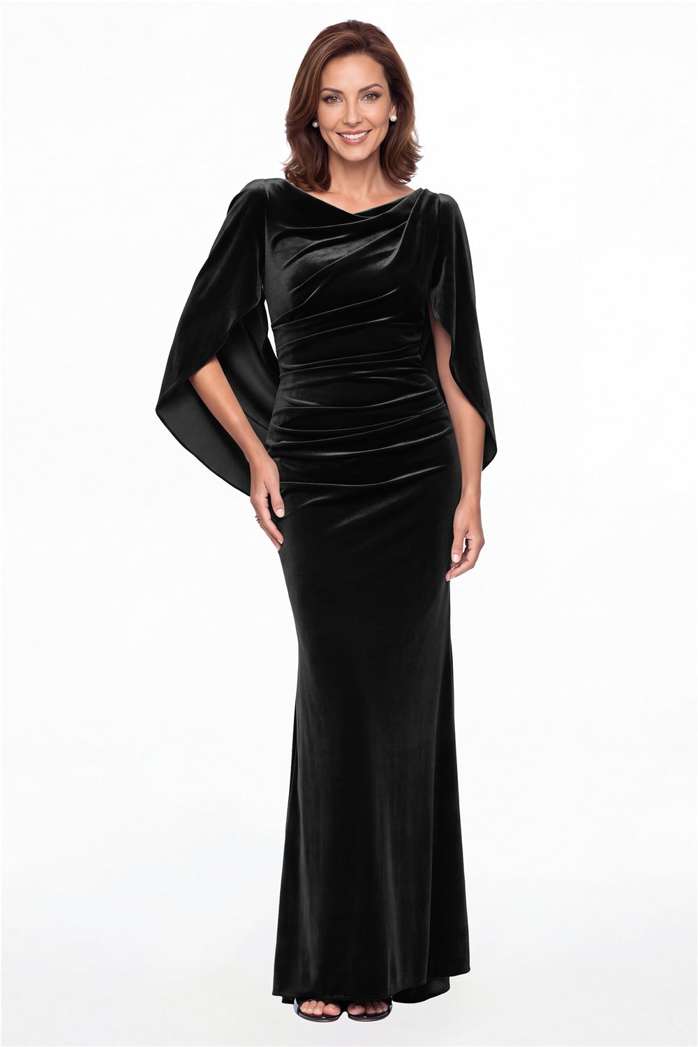 Black Cape Sleeve Ruched Velvet Mermaid Maxi Gown - Front View