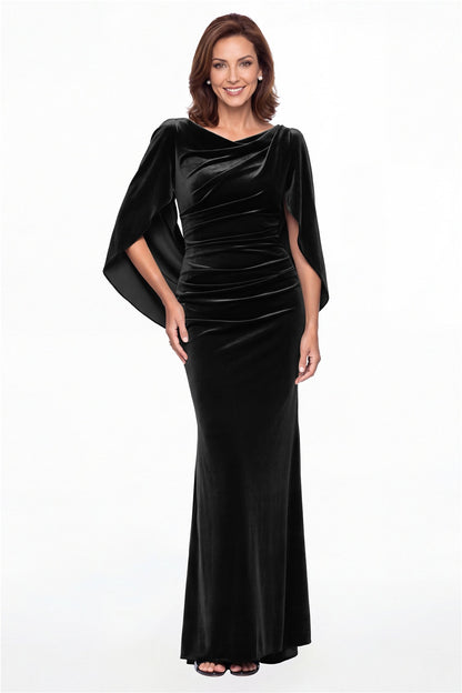 Black Cape Sleeve Ruched Velvet Mermaid Maxi Gown - Front View