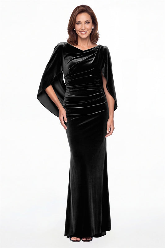 Black Cape Sleeve Ruched Velvet Mermaid Maxi Gown - Front View