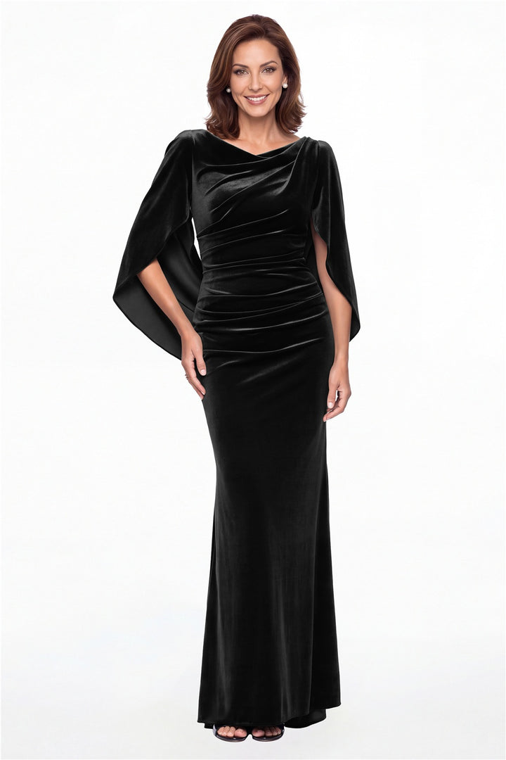 Black Cape Sleeve Ruched Velvet Mermaid Maxi Gown - Front View