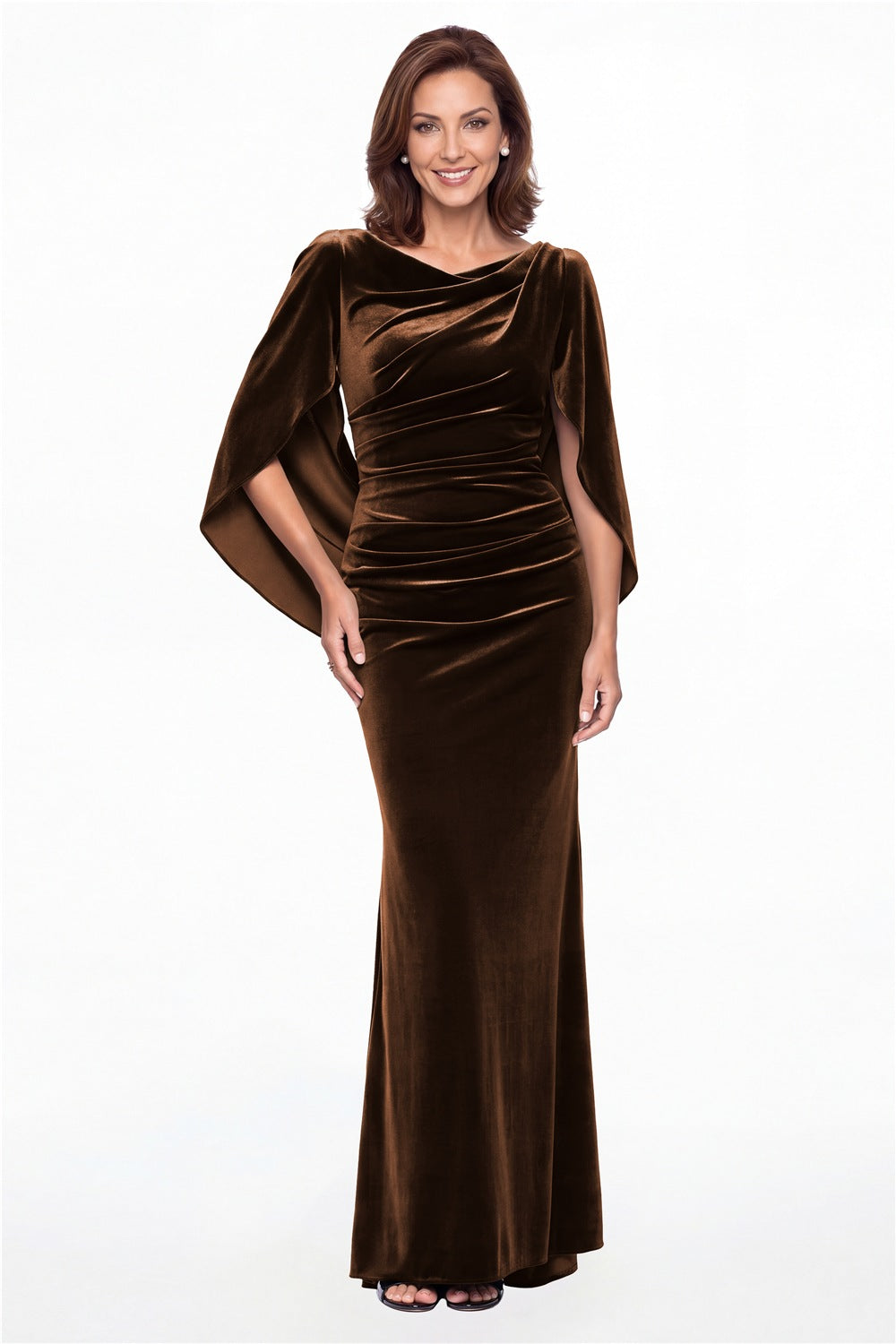 Brown Cape Sleeve Ruched Velvet Mermaid Maxi Gown - Front View