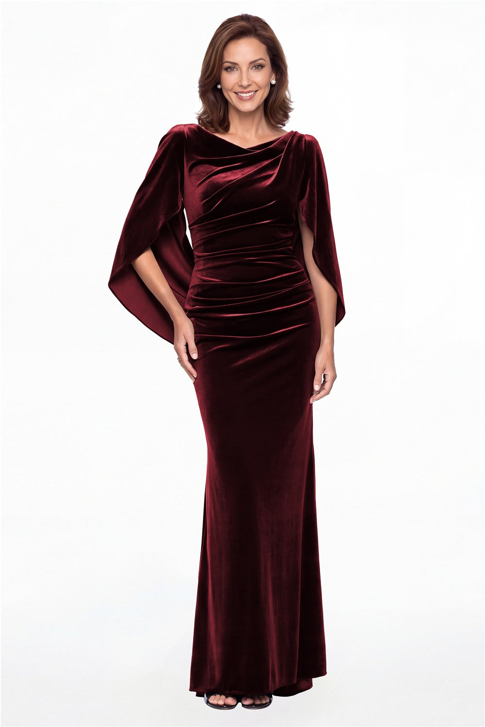 Burgundy Cape Sleeve Ruched Velvet Mermaid Maxi Gown - Front View