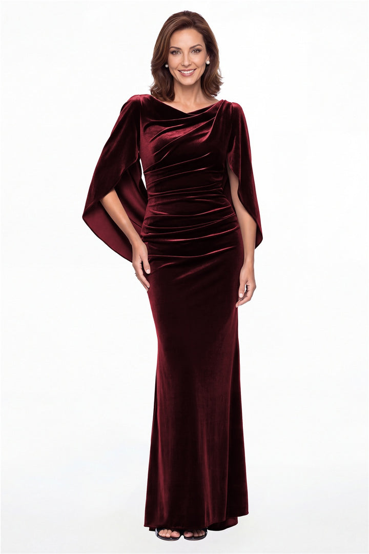 Burgundy Cape Sleeve Ruched Velvet Mermaid Maxi Gown - Front View