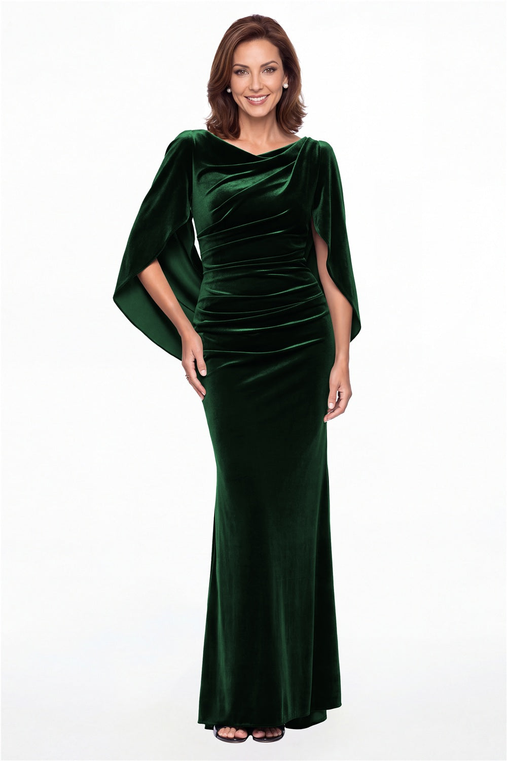 Emerald Green Cape Sleeve Ruched Velvet Mermaid Maxi Gown - Front View