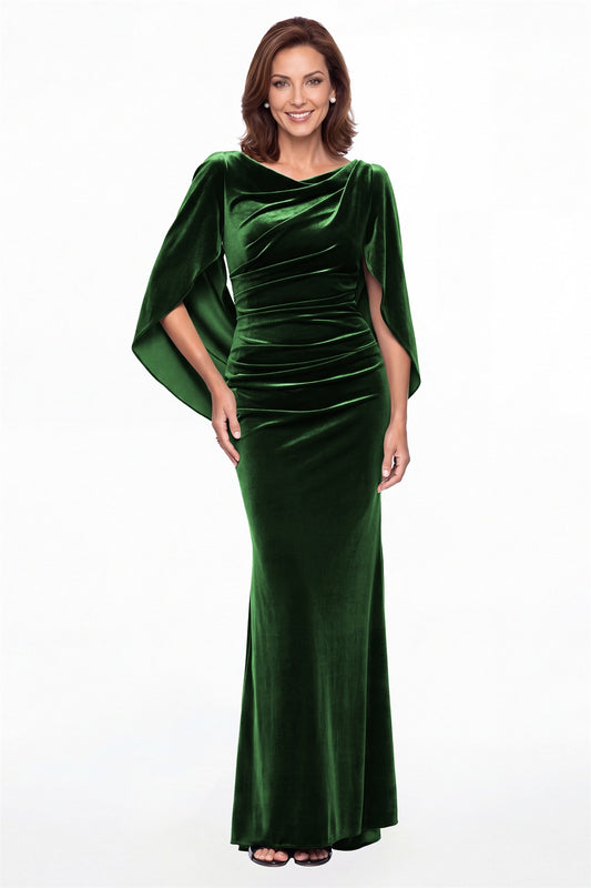 Emerald Green Cape Sleeve Ruched Velvet Mermaid Maxi Gown - Front View