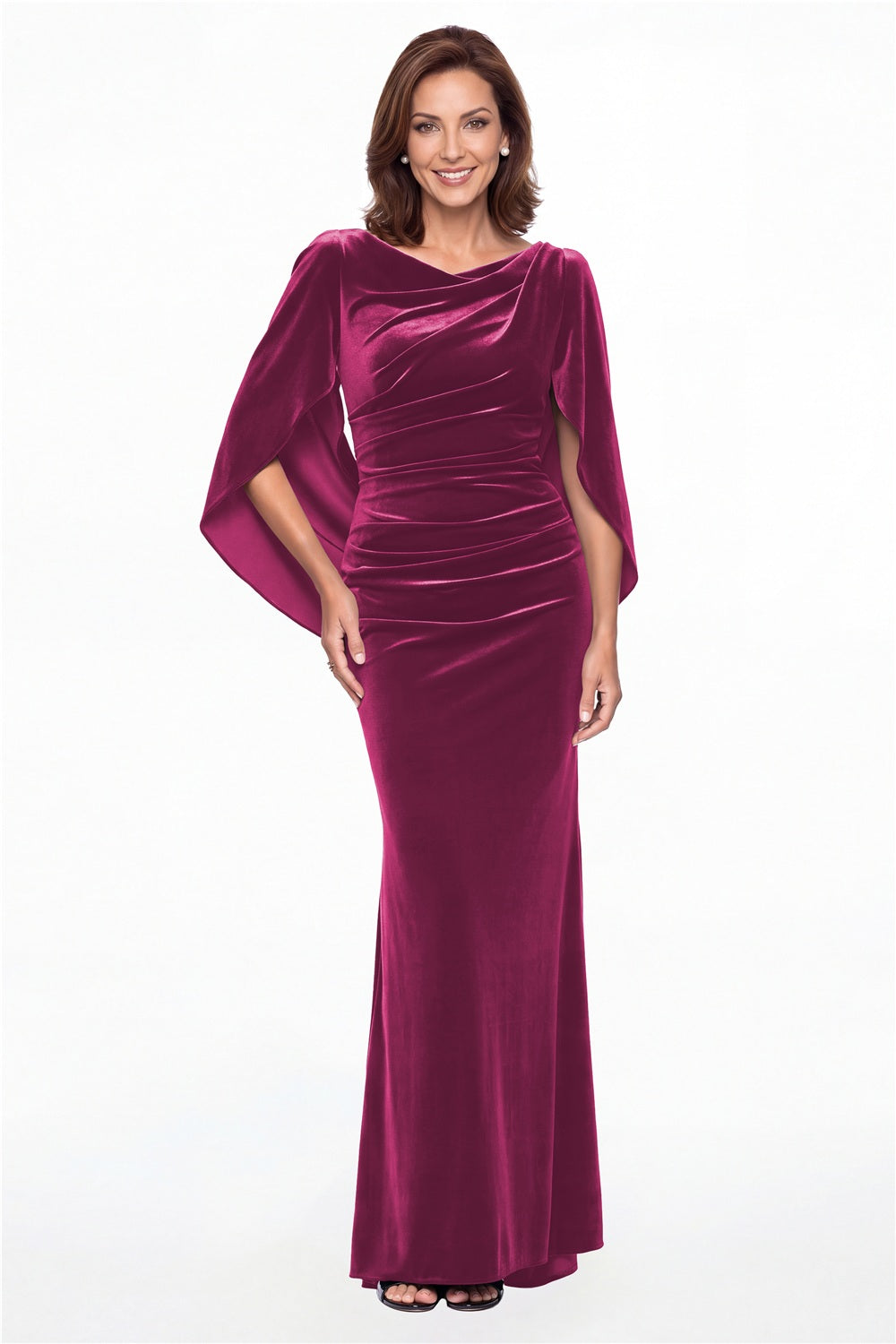 Fuchsia Cape Sleeve Ruched Velvet Mermaid Maxi Gown - Front View