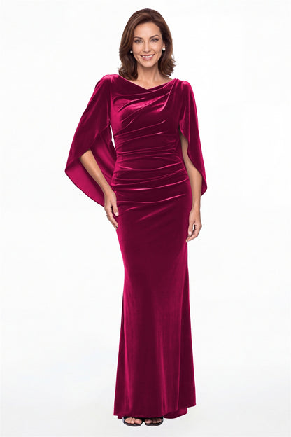 Fuchsia Cape Sleeve Ruched Velvet Mermaid Maxi Gown - Front View