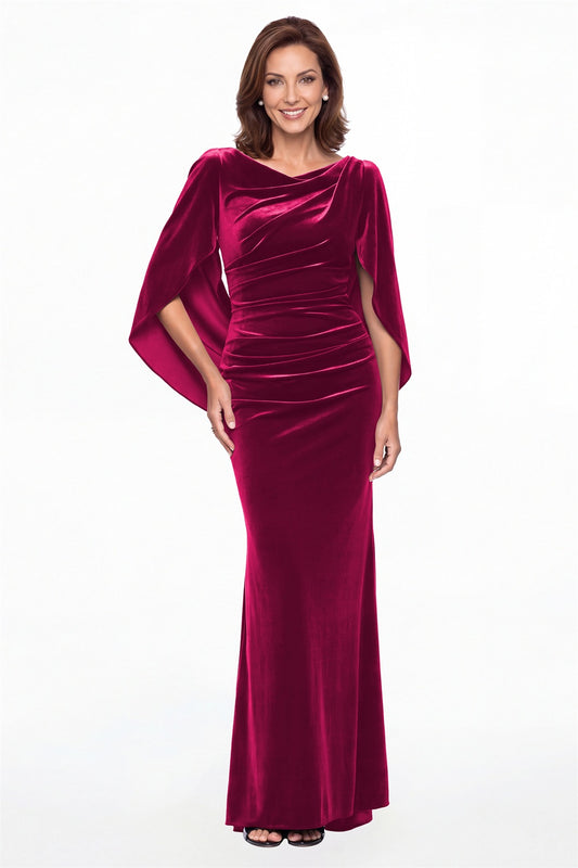 Fuchsia Cape Sleeve Ruched Velvet Mermaid Maxi Gown - Front View